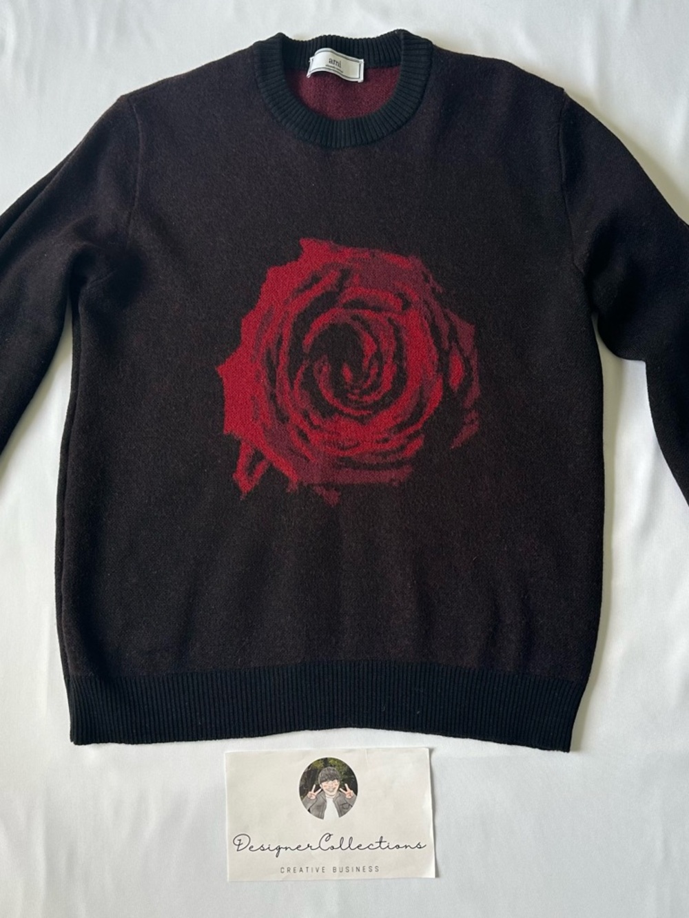 AMI Alexandre Mattiussi Black Red Rose Graphic Merino Wool Sweater Crew XL